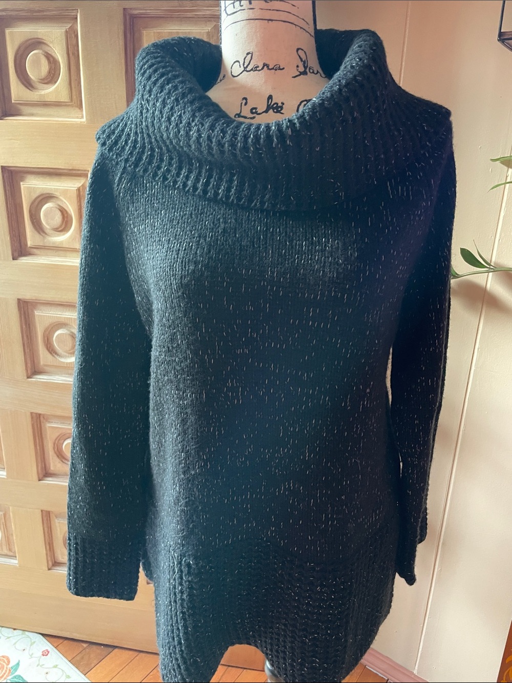 DKNY Black Metallic-Thread Cowl Neck Tunic Sweater